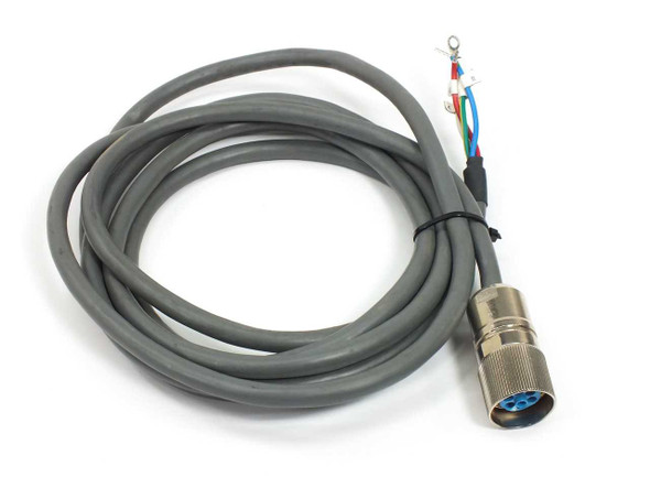 Yaskawa B4ICE-03A Sigma II servo power cable coiled showing full 3-meter length with circular connector and bare wire leads