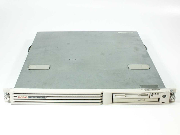 Compaq ProLiant DL320 1U rackmount server front view showing faceplate, Compaq logo, and floppy drive bay