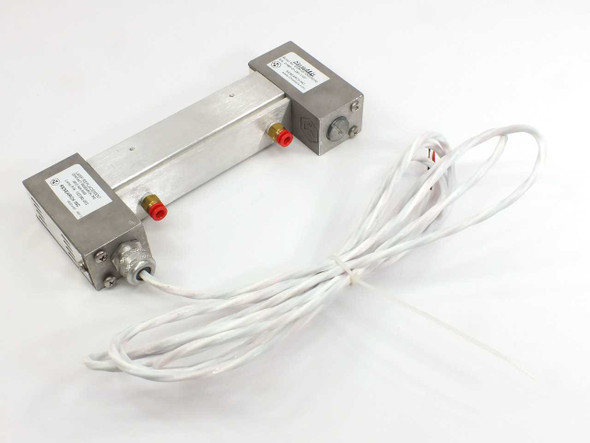 Research Inc StripIR infrared heating lamp housing side view showing red water fittings and white power lead