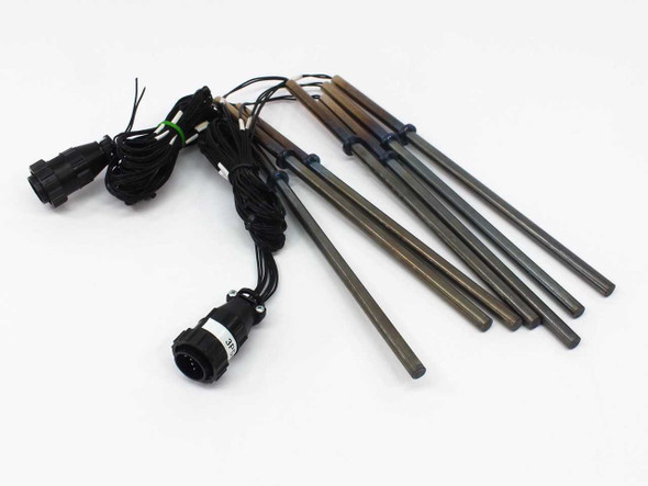 Watlow G11E-15179 FIREROD cartridge heaters lot of 7 with 6-foot leads and multi-pin circular connectors spread on white background