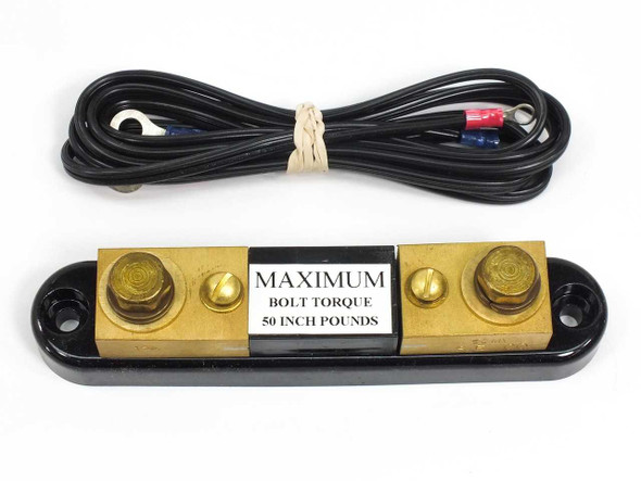 Simpson Electric 06704 10A 50mV current shunt with included lead wire — front three-quarter view showing brass body and label