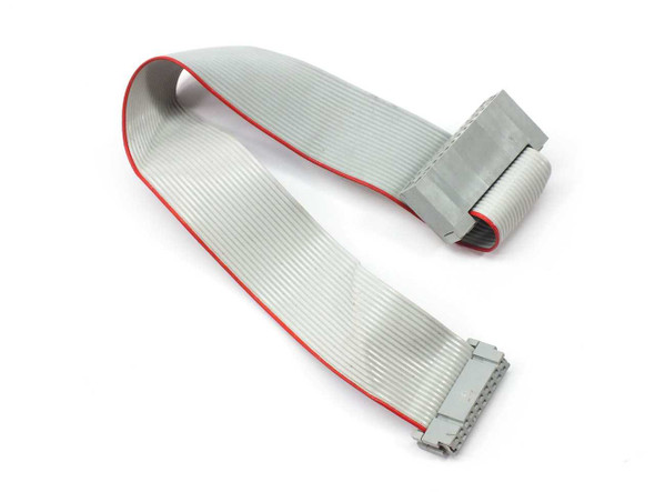 IBM 134-1585 20-pin to edge connection floppy drive ribbon cable, full length view showing flat gray ribbon with red stripe, approximately 18 inches long