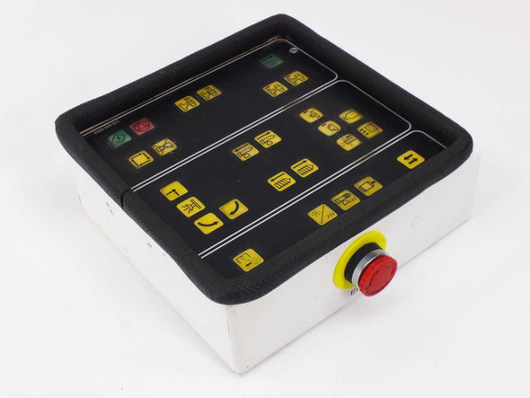 Netstal 110.240.9593 Sycap Operator Panel – top/front view showing membrane keypad with yellow icon keys and red emergency stop button