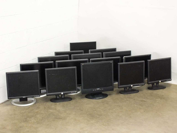 Lot of 15 Dell and Viewsonic LCD monitors arranged on floor, front view showing screens and stands