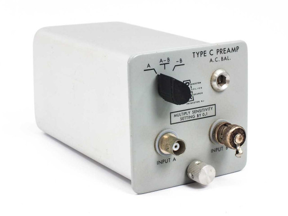 Princeton Applied Research PAR Type C Preamp front panel – rotary A/A-B/-B input switch, AC Balance control, Input A and Input B BNC connectors, and Multiply Sensitivity Setting by 0.1 label