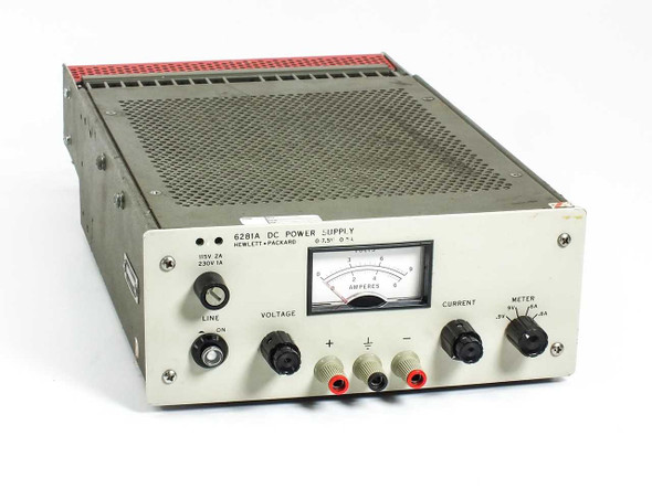 HP 6281A DC Power Supply – angled front-left view showing analog meter, VOLTAGE and CURRENT knobs, front binding post terminals, and LINE switch on gray panel