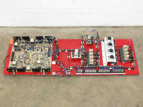 Volkmann AD-1 adjustable frequency drive board panel 20001BBG1M1021 – full overhead view of red metal panel showing drive board, relay section, and potentiometer section