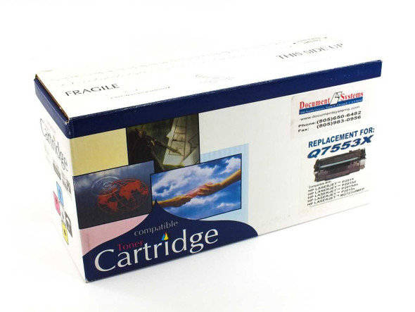 Compatible HP Q7553X 53X toner cartridge box side — Document Systems branding showing 'Replacement for Q7553X' with compatible printer list