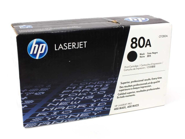 HP CF280A 80A Black LaserJet Toner Cartridge retail box — front view showing HP logo, 80A model number, and compatible printer list