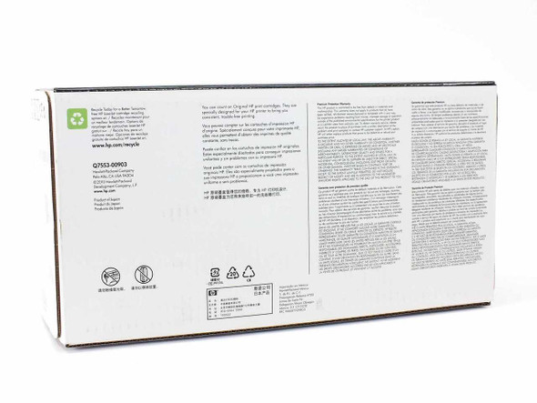 HP Q7553X 53X toner cartridge — back of retail box showing part number Q7553-00903 and recycling information