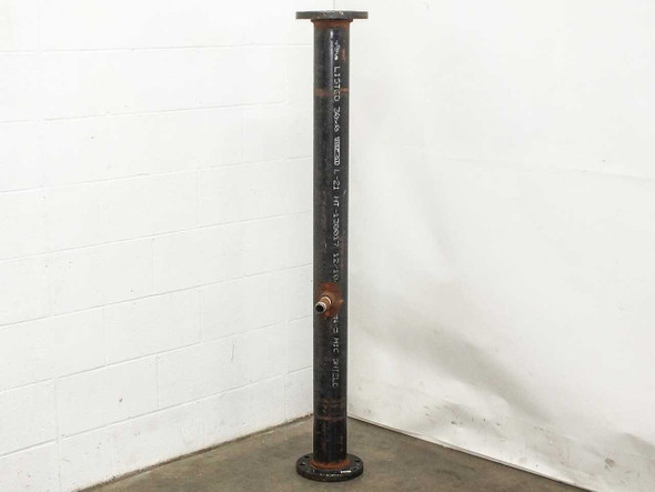 Wheatland ASTM A53 4-inch Schedule 40 black steel pipe 60 inches tall with socket weld flange at top, full length upright view showing surface rust and MIC Shield markings