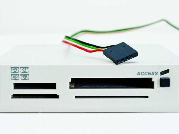 Unbranded 4-in-1 internal USB card reader front panel showing SD, CF, MS, and xD card slots with ACCESS indicator and Molex power cable
