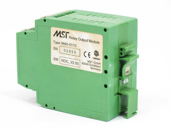 MST GmbH 9660-0110 Relay Output Module – right-side angle view showing label with type, serial number, SW ROC_V2.00, CE and LonMark certifications