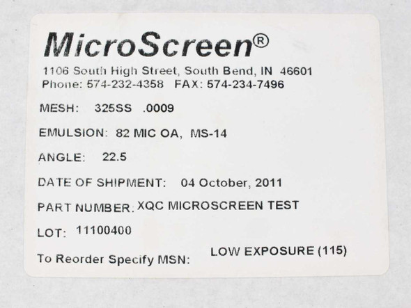 MicroScreen DC15X15 label closeup showing mesh 325SS .0009, emulsion 82 MIC OA MS-14, angle 22.5, lot 11100400