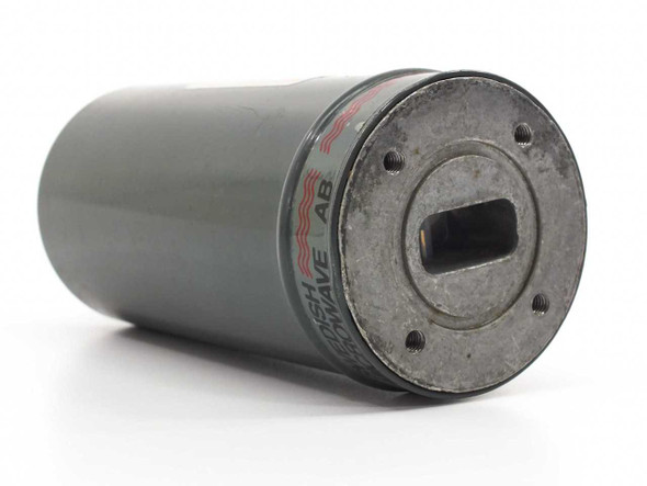 Barcom KM 510 11 GHz 1.0 dB waveguide attenuator – angled view showing cylindrical body with Swedish Microwave AB label and rectangular waveguide port end