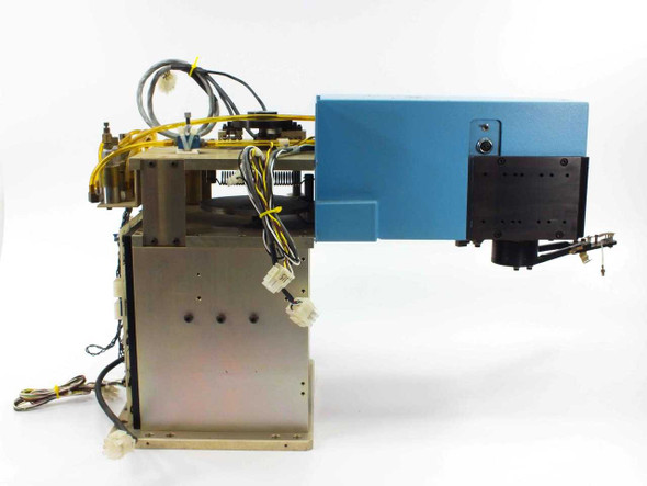 Laurier HA245 die loader pick and place unit – right-side view showing blue housing, linear slide assembly, and yellow wiring harness