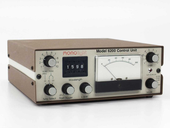 Monolight Model 6200 Control Unit – front panel three-quarter view showing Sync Select, Flash Trigger, X Shift knobs, 4-digit wavelength display reading 1598, and analog meter
