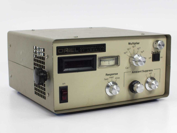 Oriel Corporation 7081 Pyroelectric Detector System — front-left three-quarter view showing analog meter, LED display, Multiplier and Response knobs, and Ambient Suppress control