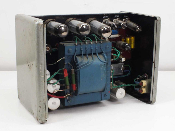 Oltronix LS 7DS — interior view showing vacuum tubes (UF80, UL84), mains transformer, and wiring with case sides open