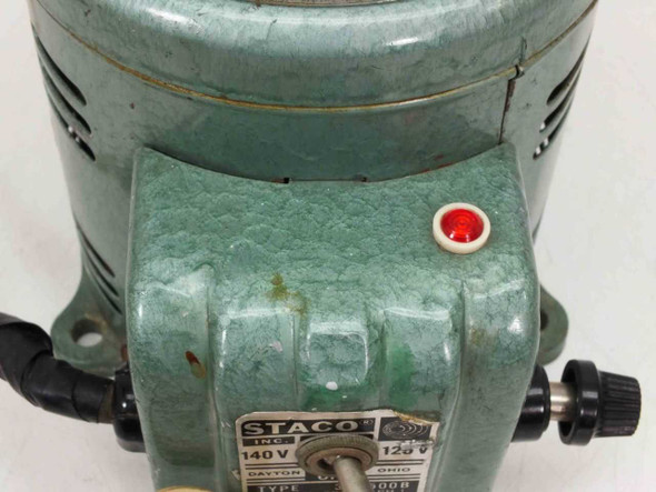Staco 3PN500B variac front panel close-up showing rating plate, toggle switch, red pilot light, and output binding posts