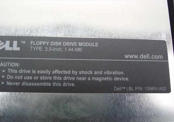 Dell floppy disk drive module label showing TYPE 3.5-inch 1.44MB and label part number 10NRV-A00
