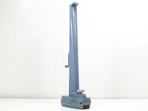 Precision microscope stand full right-side profile view showing 22-inch tall blue cast metal column and base