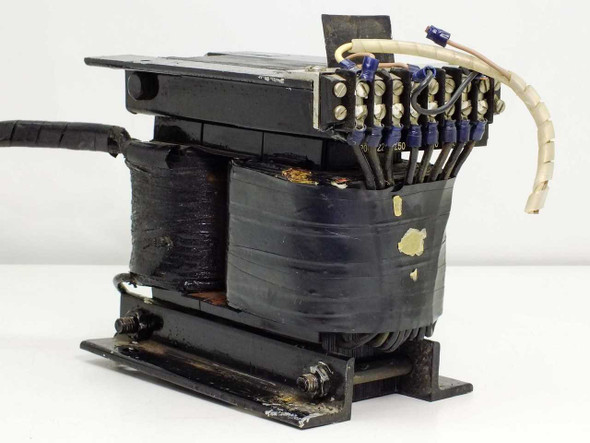 Unbranded 11063 365VA Power Transformer – front and top view showing laminated core, mounting frame, and multi-tap terminal block with wiring