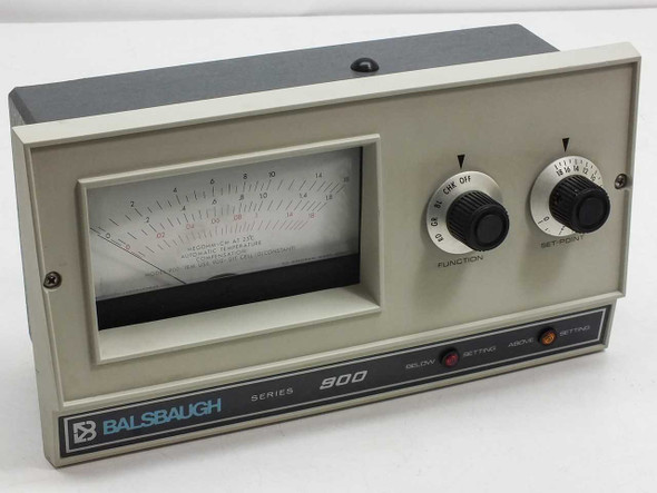Balsbaugh 900-18M Series 900 meter controller front panel showing analog meter, Function knob, Set-Point knob, and indicator lights