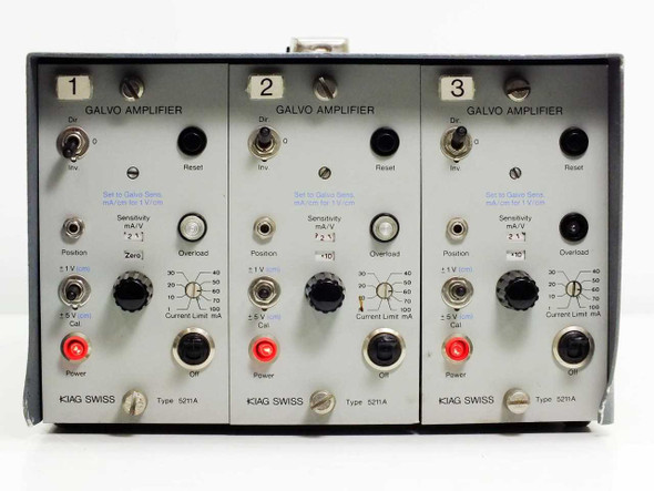 Kistler 5805 Galvo Amplifier front panel close-up showing all three Kiag Swiss 5211A channels with Position, Zero, Overload, Sensitivity, and Current Limit controls
