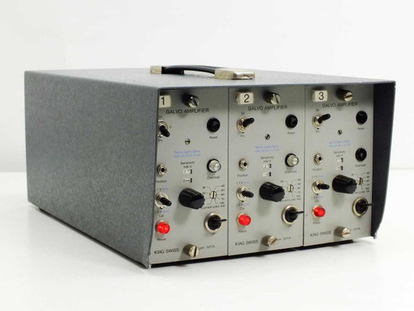 Kistler 5805 3-Channel Galvo Amplifier with 3x Kiag Swiss 5211A modules — front-right angled view showing all three channels and carry handle