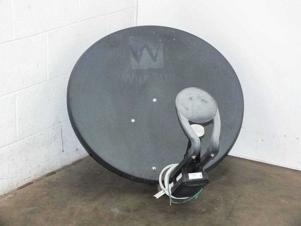 Wildblue USM-TXR-KA01-F-01-110 Ka-band satellite dish transceiver – front face of dark gray dish with Wildblue logo and feed/transceiver assembly