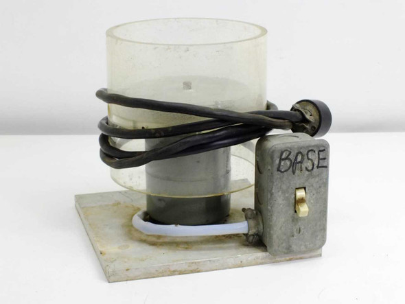 Unbranded CD DVD spin coater spinner chamber front view showing clear bowl, motor, BASE-labeled switch box, and white base plate