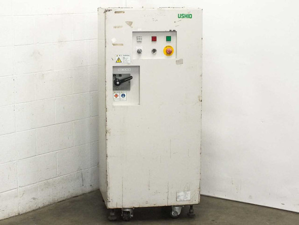 USHIO B0048 UV Flash Power Supply – front exterior view showing white cabinet with USHIO branding, rotary disconnect switch, and control panel on casters