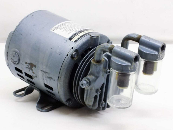 Gast 0211-103A-G8C oil-less vacuum pump — front-left view showing pump head with dual sight glass jars and GE motor