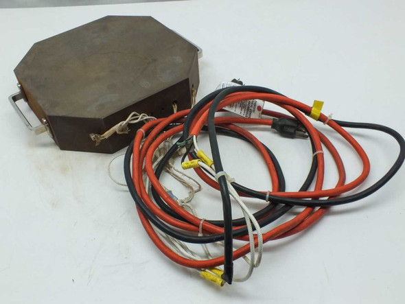 Steel resistance heating element block – top-down view with wiring harness laid out alongside showing lead wires and connectors
