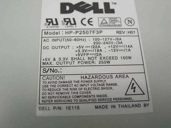 Dell HP-P2507F3P power supply specification label showing AC input, DC output ratings, 250W max power, REV H01, and Dell P/N 1E115