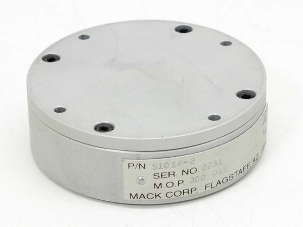 Mack Corp S1014-2 lo-profile pneumatic cylinder – top view showing label with P/N S1014-2, SER. NO. 2231, M.O.P. 300 PSI, Mack Corp Flagstaff AZ USA