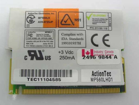 ActionTec MP560LHD1 MP560LH Dell 06158U 56K modem card – top label view showing FCC, CE, and regulatory markings
