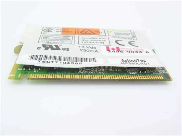 ActionTec MP560LHD1 56K mini PCI laptop modem card – angled side view showing edge connector and label