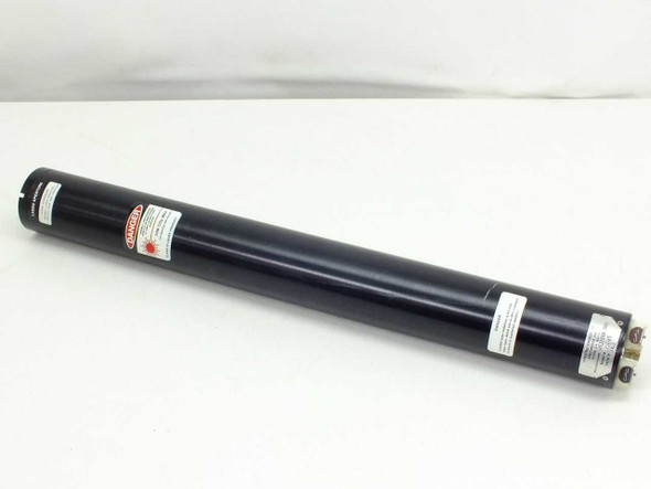 Directed Energy L25T-PI CO2 laser tube full length view showing black cylindrical body with warning labels and rating plate