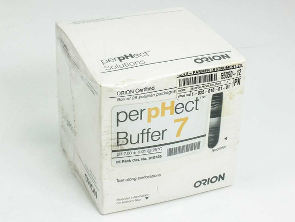 Orion 910725 perpHect Buffer 7 box of 25 solution packets, front view showing pH 7.00 ± 0.01 at 25°C and Cat. No. 910725