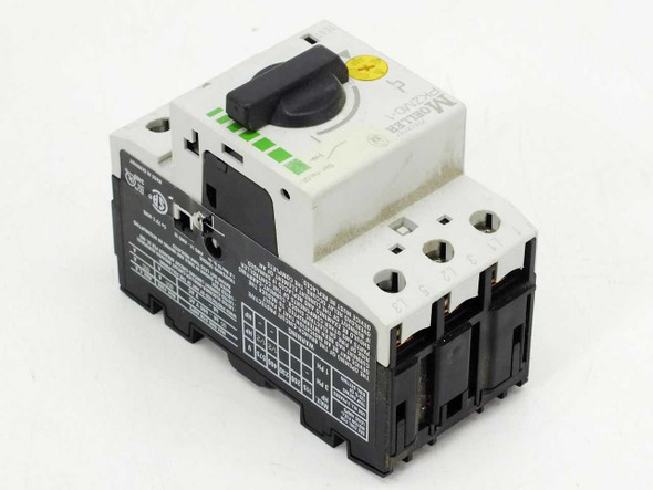 Moeller PKZM0-1 manual motor protector – front-right 3/4 view showing rating label and DIN rail clip
