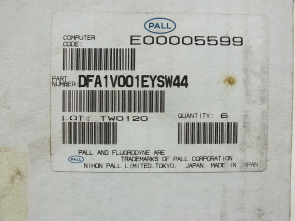 Pall DFA1V001EYSW44 label on box – part number DFA1V001EYSW44, computer code E00005599, lot TW0120, quantity 6 printed on manufacturer label