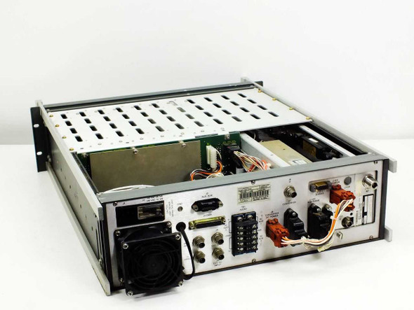 Scientific Atlanta 7550A Up-Converter rear panel and open chassis view showing power supply, cooling fan, rear connectors, orange wiring harness, and BNC inputs