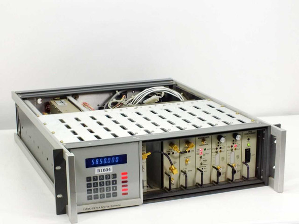 Scientific Atlanta 7550A Up-Converter 7550B Video Exciter rackmount chassis front-left view showing blue LED frequency display reading 5850.000, numeric keypad, and installed plug-in modules