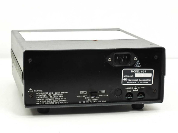 Newport Corporation 835 Optical Power Meter – rear panel showing IEC power inlet, voltage selector, analog output terminals, and model label