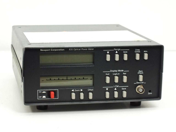 Newport Corporation 835 Optical Power Meter – front panel view showing dual LCD display, Range, Display Mode, and Cal controls