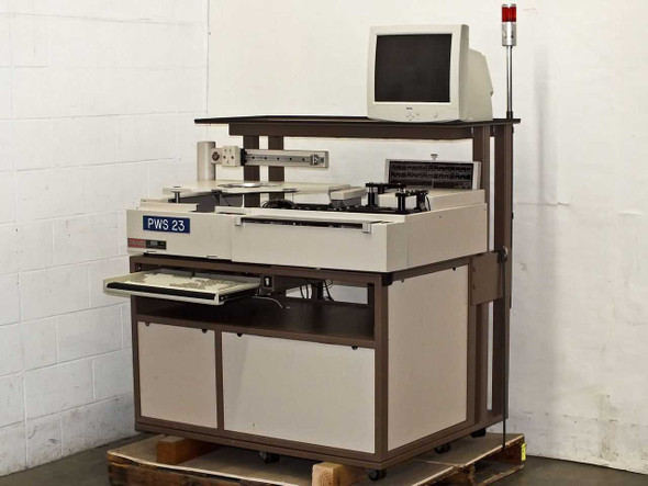 Pacific Western Systems P5NMS PWS 23 semi-automatic wafer inspection prober full system view with Dell CRT monitor mounted on top shelf and signal tower