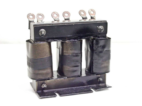 Transformer Engineering TEC-180A three-phase inductor rear three-quarter view showing three wound coil sections on steel mounting base