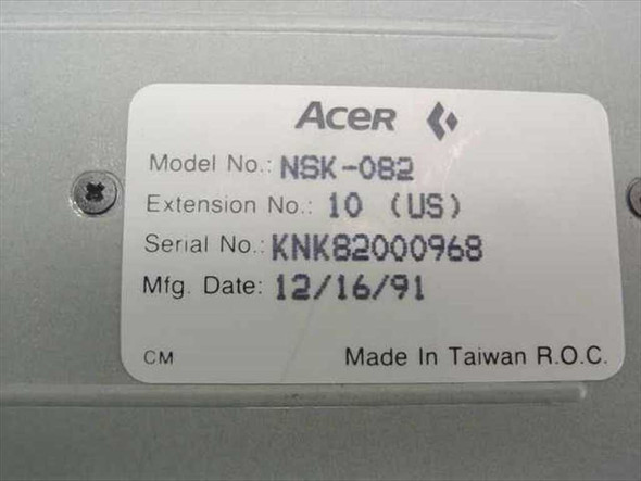 Acer NSK-082 keyboard label showing Model No., Extension 10 US, serial number, and Mfg. Date 12/16/91 Made in Taiwan R.O.C.